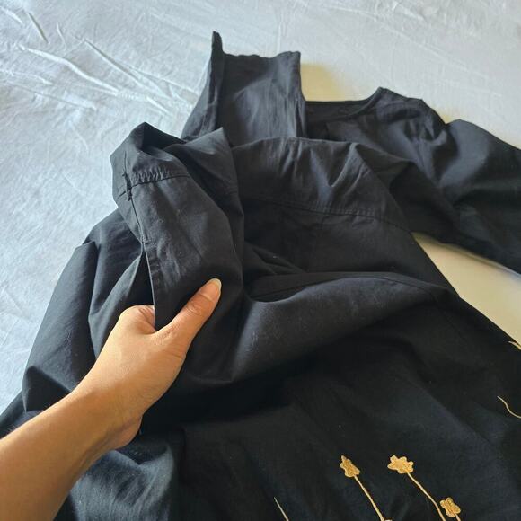 Black Gold Embroidered Midi Dress L 3/4 Sleeve Cotton Pockets Boho Elegant - Picture 7 of 11